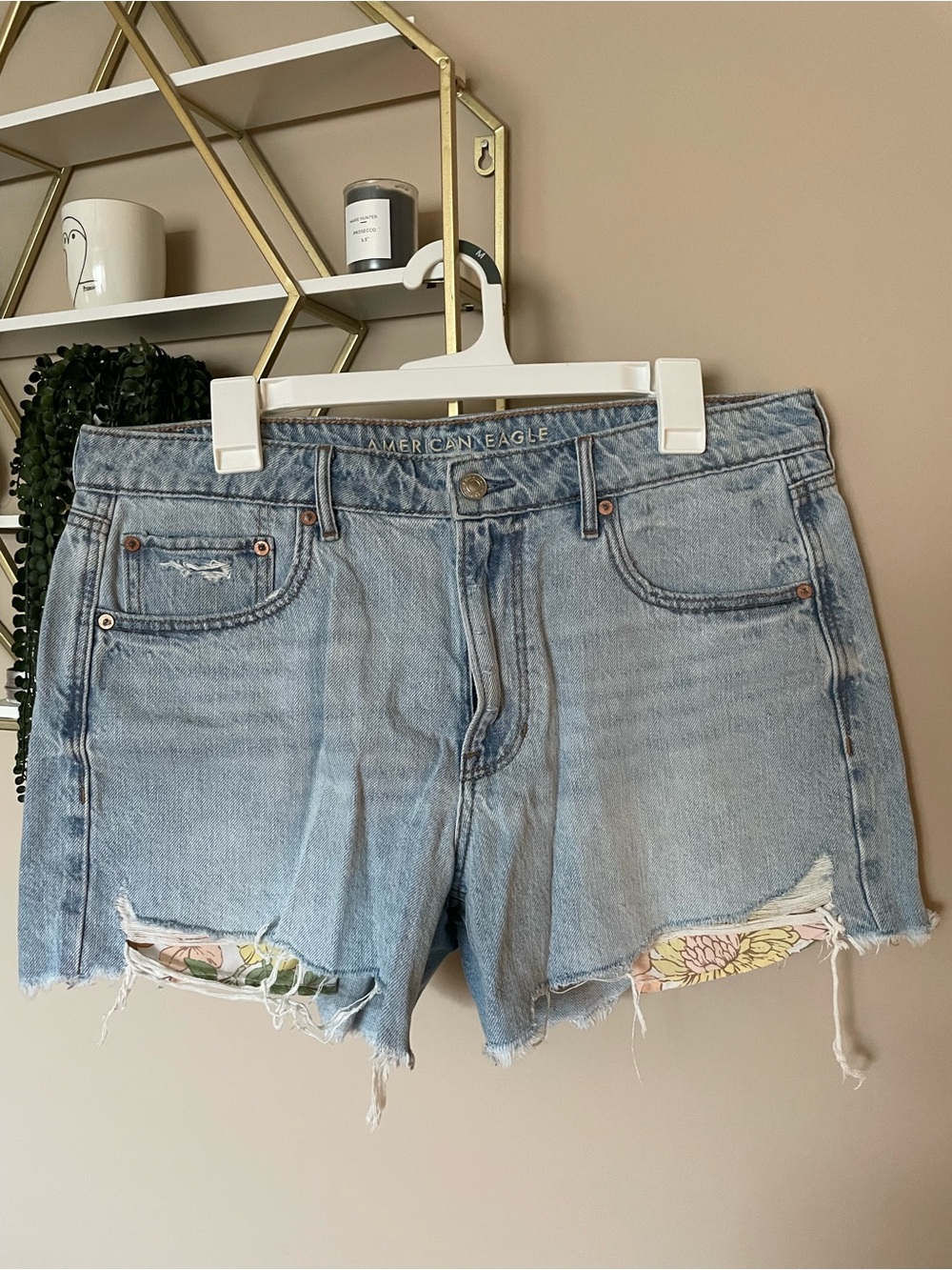 American Eagle Outfitters Light Blue Denim Cutoff Shorts with Floral Insets